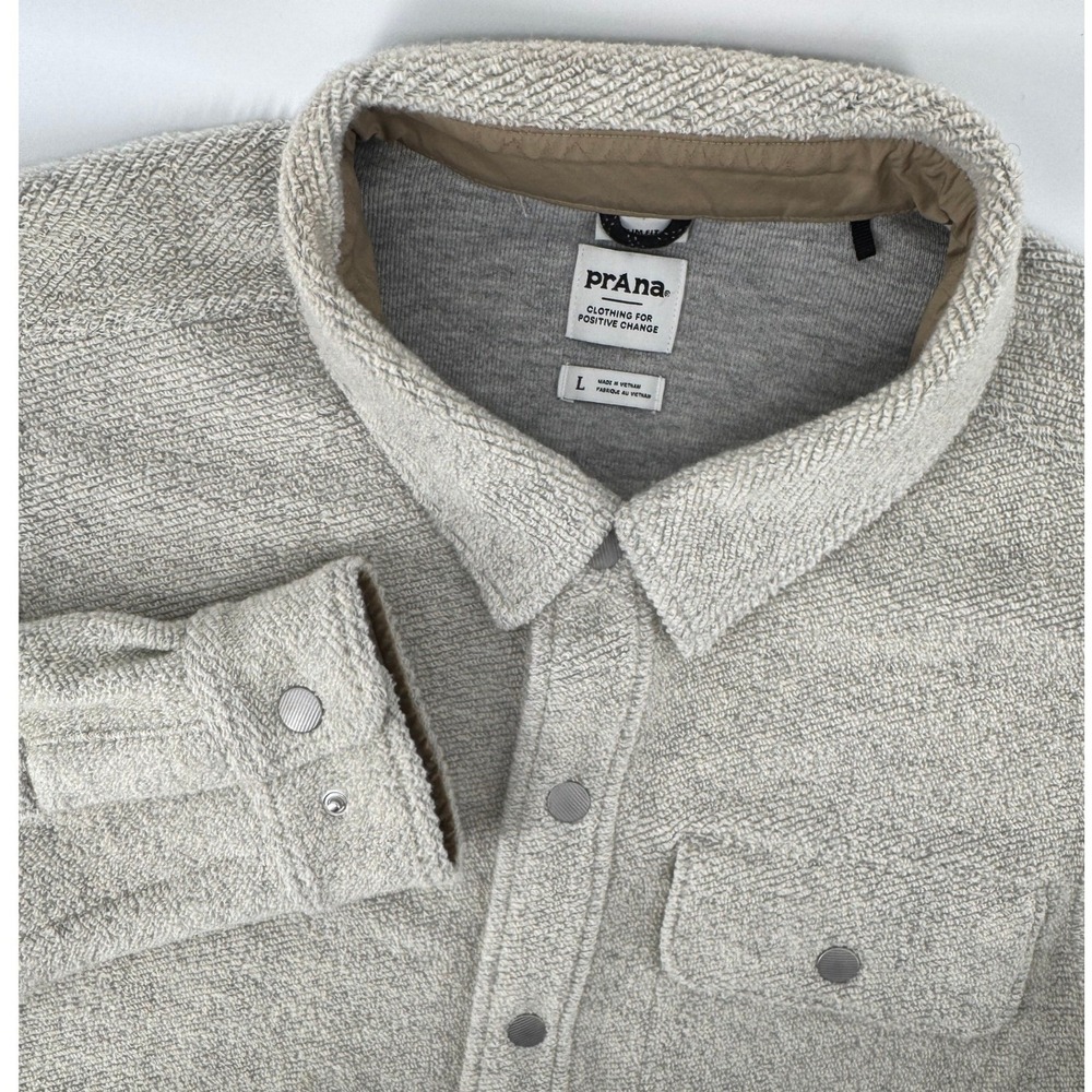 Prana Tri Thermal Shirt Jacket Large Shacket Ivory Grey Recycled Wool Blend Slim